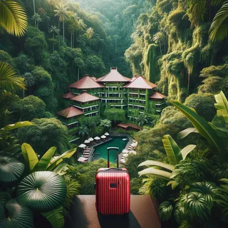 Красивый вид на спа-курорт среди джунглей с красным туристическим чемоданом на переднем плане