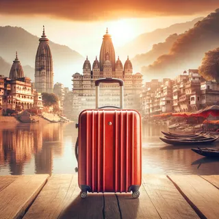 Изображение красного туристического чемодана, стоящего на фоне величественных и живописных пейзажей Харидвара. Чемодан символизирует путешествие, приключения и исследования древнего города