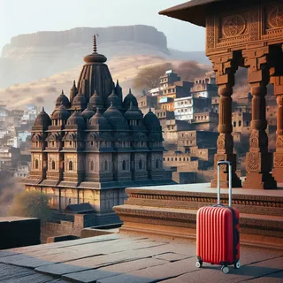 Каменный храм парсов в Индии, за которым видны очертания старого города и горы, а на переднем плане красный туристический чемодан на колесиках
