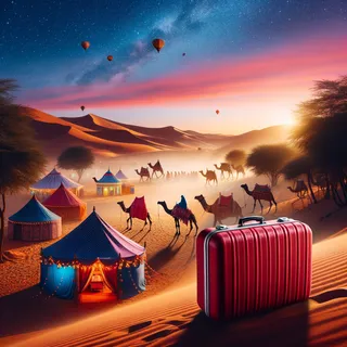 Фотография волшебной индийской пустыни с цветными палатками, верблюжьими караванами и красочным красным туристическим чемоданом на фоне ярокого вечера