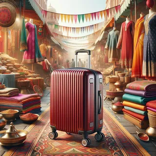 Изображение реалистического красного чемодана на колесах, окруженного традиционной индийской одеждой, например, сари и курты, на фоне индийского базара