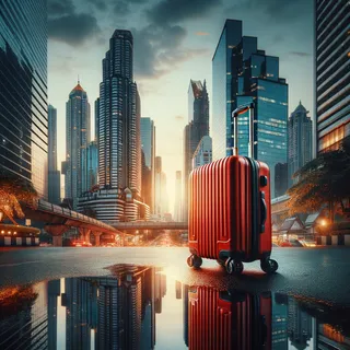 Кинематографическое изображение с красным туристическим чемоданом на колесиках среди небоскрёбов Бангкока, отражающих городской пейзаж в вечернем свете