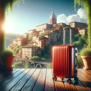 Реалистичное изображение кинематографического стиля: красный туристический чемодан на колесиках на фоне итальянского пейзажа города, заполненного историческими зданиями и зеленью