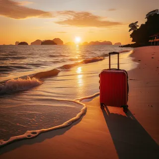 Закат на пляже острова, теплые волны омывают берег, рядом стоит ярко-красный туристический чемодан на колесиках, отбрасывающий длинную тень на песок.На горизонте виднеются силуэты островов Лангкави
