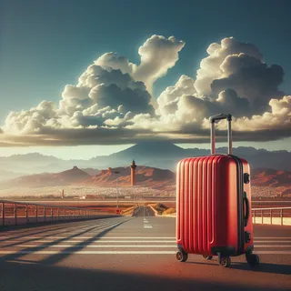 Кинематографическое изображение на фоне марокканского пейзажа, с ярким красным туристическим чемоданом на переднем плане, стоящим на дорожке в аэропорту