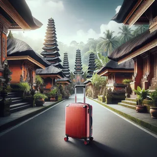 Изображение (не иллюстрация) только в очень реалистичном кинематографическом стиле. На изображении должен присутстовать красный туристический чемодан на колесиках. На изображении не должно быть людей.. Тема изображения: Убуд: Сердце Балийской культуры и её сокровища
