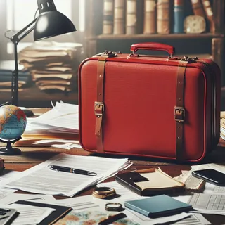 Картинка красного туристического чемодана на фоне стола с документами, без людей