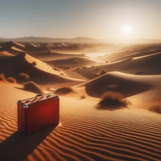реалистичное изображение пустынного марокканского пейзажа с красным туристическим чемоданом на переднем плане, символизирующим путешествие и коммуникацию