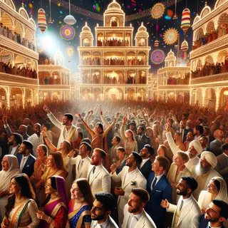 Роскошное торжество, украшенное мерцающими огнями, индийскими храмами и традиционными декорациями, с праздничным настроением