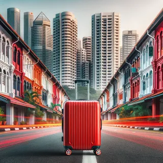 Красный туристический чемодан на колесиках стоит на фоне сингапурского района, где сочетаются традиционные многоквартирные здания HDB и современные небоскребы. Картинка выглядит очень реалистично, с акцентом на детали чемодана и окружающей архитектуры.