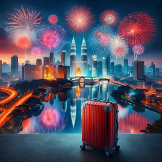 Панорамный вид на городской пейзаж Куала-Лумпура с ярким небом,отражающим красочные фейерверки, освещающие горизонт, и большим красным туристическим чемоданом на переднем плане