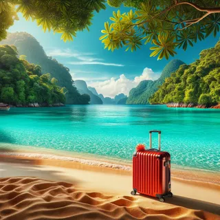 Изображение живописного пляжа с лазурным морем на фоне джунглей, на песке стоит красный туристический чемодан