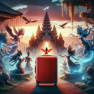 Фантастические иконы балийских богов и духов, окружающие красный туристический чемодан на фоне древнего храма, в магическом свете заката.