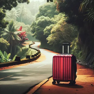 кинематографический стиль, красный туристический чемодан на колесиках на фоне живописного тропического маршрута Шри-Ланки, без людей