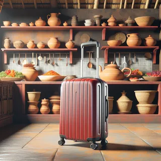 Реалистичное изображение красного туристического чемодана на колесиках, стоящего перед традиционной индийской кухней с различными блюдами Гоа, высокое качество, кинематографический стиль, без людей