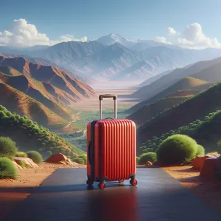 Реалистичный кинематографический стиль, красный туристический чемодан на колесиках, живописный фон с видом на Атласские горы