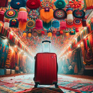 Изображение красного туристического чемодана, стоящего на фоне красочных индийских фестивальных украшений, в кинематографическом стиле