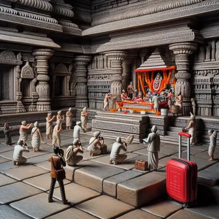 Реальное изображение священной церемонии в храме Trayambakeshwar с красным туристическим чемоданом на заднем плане, без людей