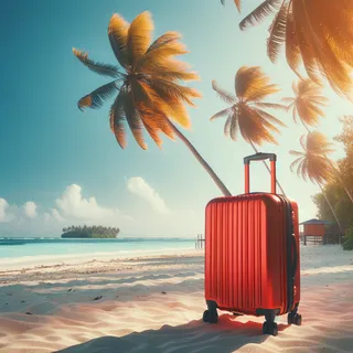 Красный туристический чемодан на колесиках стоит на пляже с белым песком и голубым морем на заднем плане, небо ясное и солнечное, высокие пальмы слегка колышутся на ветру. Кинематографический стиль.