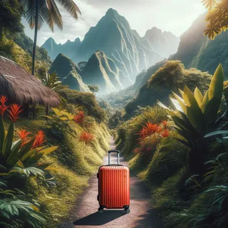 Кинематографический кадр тропической тропинки с видом на горы и красный туристический чемодан на колесиках