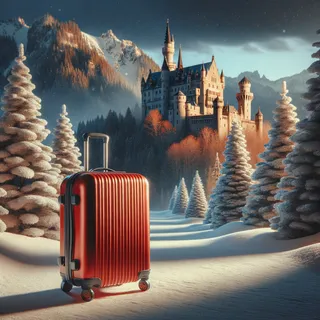 Красный туристический чемодан на колесиках перед замком на фоне снежного леса, кинематографический стиль, реалистичное освещение и детали