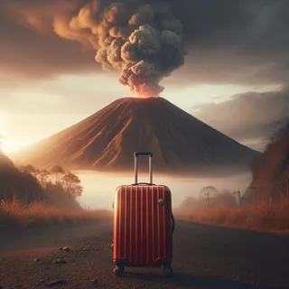 Кинематографическое изображение красного туристического чемодана на колесиках, стоящего перед вулканом в Индии, вечерняя освещенность, драматические облака и дымы поднимаются с вершины