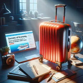 Изображение (не иллюстрация) только в очень реалистичном кинематографическом стиле. На изображении должен присутстовать красный туристический чемодан на колесиках. На изображении не должно быть людей.. Тема изображения: Секреты экономии: как найти лучшие скидки и акции на круизы