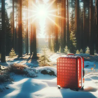Фоном заснеженный шведский лес, на переднем плане красный туристический чемодан под солнечными лучами