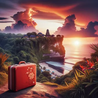 красный туристический чемодан, храм Улувату на закате, тропический пейзаж, драматическое небо
