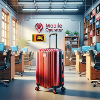 Реалистичное изображение без людей, на котором изображено офисное помещение мобильного оператора на Шри-Ланке, на переднем плане стоит красный туристический чемодан на колесиках