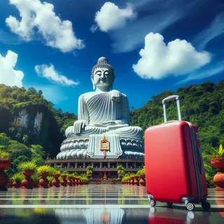 Большая статуя Будды на фоне яркого голубого неба, в окружении зелени джунглей, с красным туристическим чемоданом на переднем плане