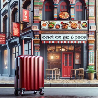 Создайте реалистичное изображение красного туристического чемодана на колесиках, стоящего на улице перед рестораном с индийской и шри-ланкийской кухней.