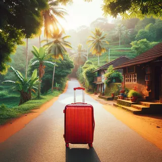 Красивая улица на юге Шри-Ланки, вдоль которой посреди зелени стоит красный туристический чемодан на колесиках