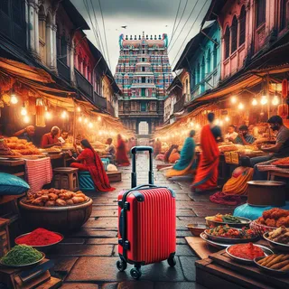 Кинематографическое изображение уличного рынка в Ченнаи с красным туристическим чемоданом на колесиках среди ярких прилавков с традиционной индийской едой на фоне старинных индийских домов