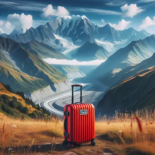 Горный пейзаж в Грузии, красный туристический чемодан на колесиках