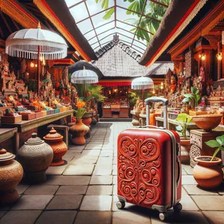 Красный туристический чемодан на фоне экзотического балийского рынка, где в воздухе чувствуется аромат специй и свежих цветов, на заднем плане стилизованные прилавки с ремесленными изделиями, естественное освещение