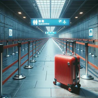 Создайте изображение в стиле максимального гиперреализма, с акцентом на детальность и четкость. На картинке должен быть красный туристический чемодан на колесиках, рядом с карантинным помещением, без людей.