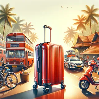 Реалистичное изображение красного туристического чемодана на колесиках на фоне различных видов транспорта в Гоа, без людей