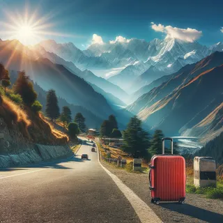 Солнечное горное шоссе с красным туристическим чемоданом, стоящим у обочины дороги, с заснеженными вершинами Гималаев на заднем плане