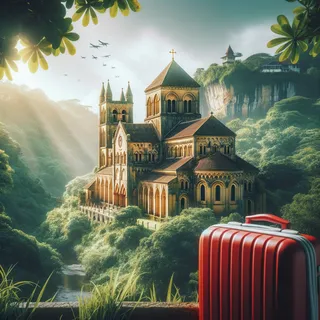 Кинематографическое изображение старинного собора среди зелени с красным туристическим чемоданом на переднем плане
