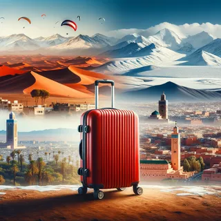 Красный туристический чемодан на колесиках на фоне разнообразных климатических зон Марокко