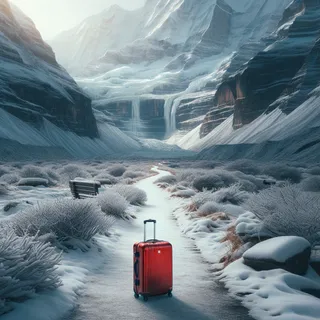 Фотография горах с красным туристическим чемоданом на заснеженной дорожке, стиль кинематографический, без людей