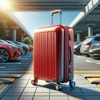 реалистичный красный туристический чемодан на колесиках, стоящий на солнечном тротуаре перед автомобильным парком