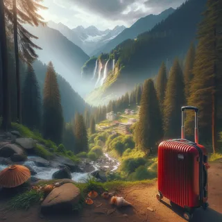 Кинематографический вид на горы Манали с красным туристическим чемоданом на колесиках на переднем плане, в окружении живописных деревьев, водопадов и лесных троп