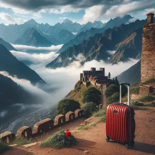 Изображение форта Харихар с видом на величественные горы, омытые облаками, и красный туристический чемодан на колесиках у основания форта