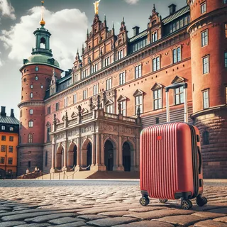 На фоне старинного здания в Стокгольме стоит красный туристический чемодан на колесиках
