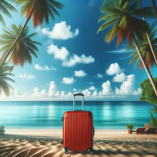 На песчаном пляже с пальмами стоит красный туристический чемодан на колесиках, перед которым развернуто спокойное бирюзовое море под голубым небом с парящими облаками.