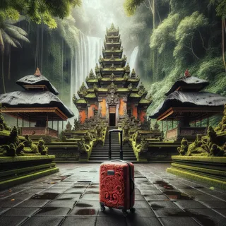 Фотография храм Тирта Эмпул на Бали, окружённый богатой зеленью, с красным туристическим чемоданом на колесиках перед входом в храм, снято в реалистичном кинематографическом стиле