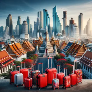 Изображение города Бангкок с видом на современный горизонт, включающий как красные туристические чемоданы на колесиках, так и старинные храмы и небоскрёбы