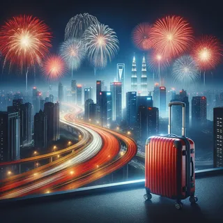 Фейерверки над современным городом с красным туристическим чемоданом на колесиках на переднем плане, кинематографический стиль, реалистичная сцена ночного города